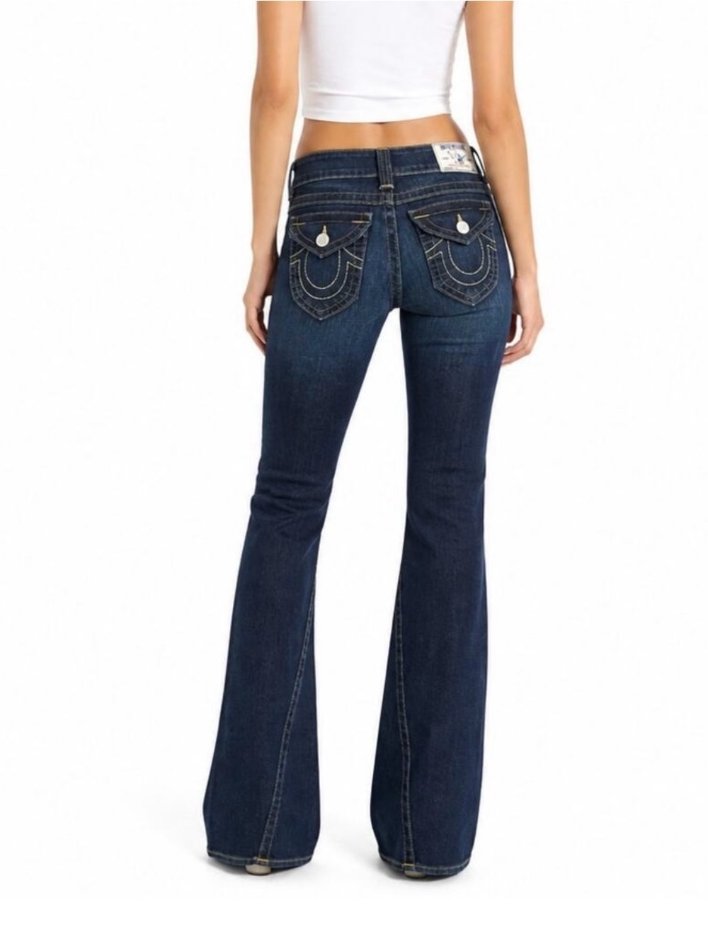 True Religion Dark Indigo Flare Jeans with Signature Pocket Stitching